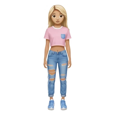 preppy teenage girl, tan, blonde highlights, brown long hair, long eyelashes, beach aesthetic, wearing cute clothes, sexy, wearing ripped blue long baggy jeans with a light pink revealing crop top, wearing Somba Adidas sticker