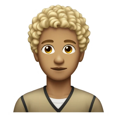 black eyes, very very curly blonde short hair, boy, tan skin, serious face sticker