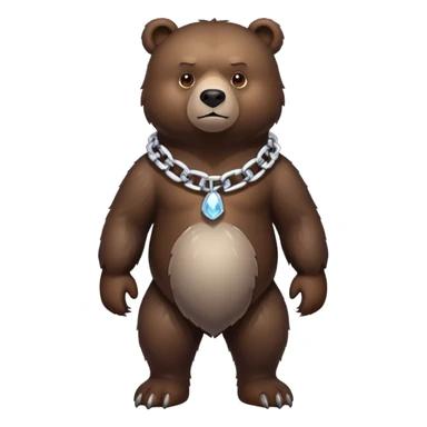 Very realistic dark brown bear standing on all four legs with intimidating gaze, wearing only a plain ice chain around its neck sticker