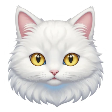 Make me a cute white fluffy cat anime style with one blue eye and one yellow eye, make the eyes big kawaii style sticker