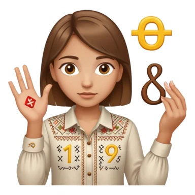 A Ukrainian girl with brown hair wearing an embroidered shirt holds mathematical symbols in her hand sticker