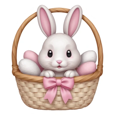 light pink bow on a beige white wooven basket. A bunny with its paws a bit out and sift white fur cute eyes sticker
