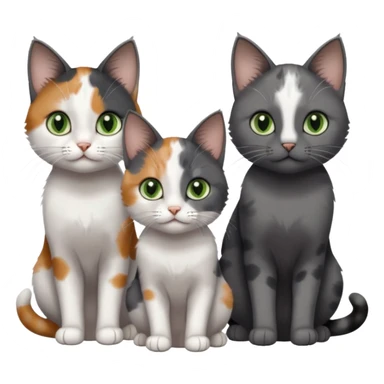 3 different coloured small cats including a dark grey and white, and a patchy calico with hazel eyes and a completely solid dark grey with green eyes and only white paws sticker
