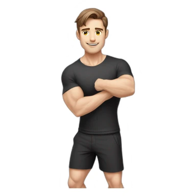 Pale skinned Fit Man With the biceps and brown hair in black shirt, gray sports shorts and white Sneakers Writing text on the flipchart sticker