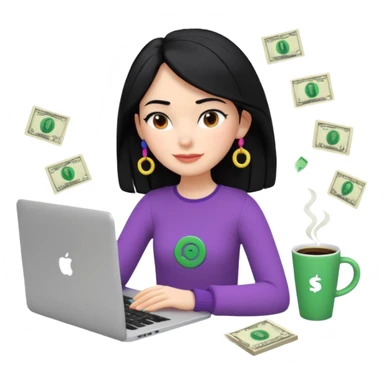 3D clay woman character relaxed with laptop and coffee in Paris, floating icons (dollars), colofrful modern outfit, white laptop, Pixar style, transparent background, black hair, fair skin,  sticker