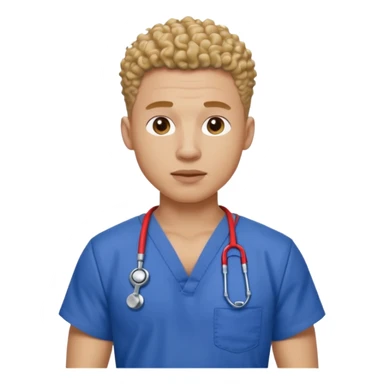 Ripped, athletic man with thick neck, high top fade with no part, curly hair only top only, no shirt and show waistline up add scrubs sticker