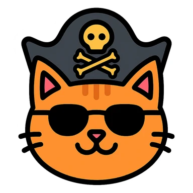color outline icon of a cat wearing sunglasses and a pirate hat sticker
