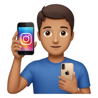 A man in frontal view holding up one iPhone toward the camera. The screen of the iPhone clearly displays the Instagram logo, brightly illuminated.  sticker