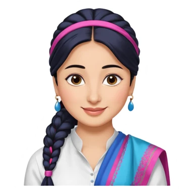 generate a pretty bratz emoji that looks like Kareena Kapoor's Geet character. 
Make her wear a white shirt with a colorful blue-pink dupatta wrapped around her neck. smiling big. Black hair tied into a side part ponytail

She should look exactly  like Kareena Kapoor sticker