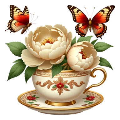 Soft beige peonies bloom beside an ornate gold coffee cup, while butterflies with cinnamon and brick-red wings flutter gently. Warm, vintage light enhances the scene. sticker