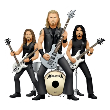 Icon for Metal Music: Metallica band members detailed in their signature look. James Hetfield with guitar, Lars Ulrich on drums, Kirk Hammett with his electric guitar, and Robert Trujillo playing bass. Bold, energetic style with musical notes, all in a heavy metal aesthetic. Transparent background. sticker