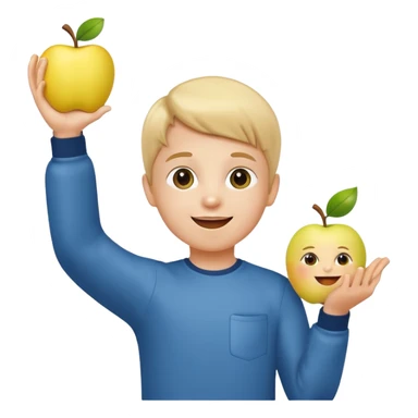 happy little kid with a phone, standing with one arm raised, apple style emoji sticker