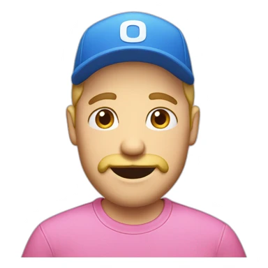 a guy in a pink shirt, blond, with a short beard and mustache in a blue cap, sticker