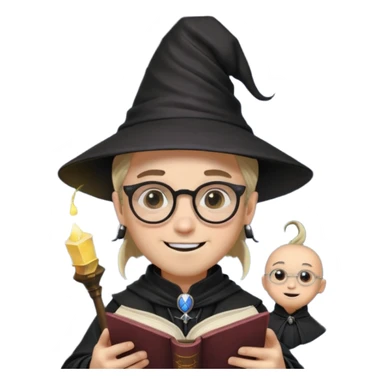 ["A happy boy with light skin, ponytail, wearing a wizard hat and square glasses, dressed in goth fashion, is reading a book while holding a phone."] sticker