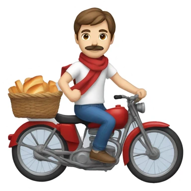 white man with brown hair a moustache and wearing a white t-shirt with several horizontal blue stripes, on a bike, wearing a red scarf and holding a baguette sticker