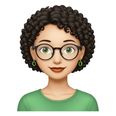 Very slim woman, light skin, short dark curly hair, black round glasses, green earrings, thin build, warm smiling face. Cartoon style. sticker