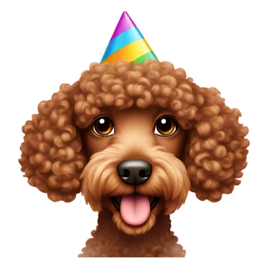 Brown curly hair poodle with a birthday hat sticker