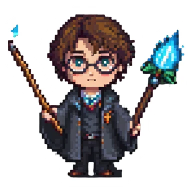 Harry Potter holding a magic wand in pixel art style sticker