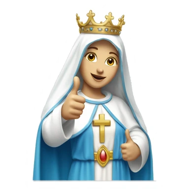 blessed virgin mary with one hand thumb up, with white skin, with blue veil and white clothes, with crown, with halo sticker