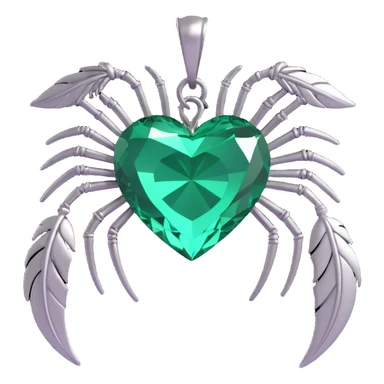 3D emoji gothic heart, emerald green crystal, silver spider charm, feather accents, misty background sticker