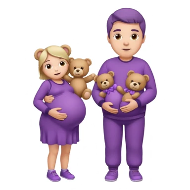 A pregnant man with fair skin wearing purple clothes with teddy bears pattern sticker