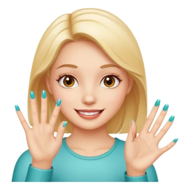 a girl happily showing off her new nail, focus on her hand with a bright nail, cheerful expression sticker