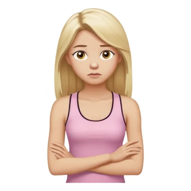 Create a young woman with long blonde hair, golden eyes, and medium-light skin tone, wearing a light pink tank top and leggings. She should be in portrait mode, but with a subtle doubting facial expression—slightly raised eyebrow, small frown, .  and her hand next to her chin like a thinker sticker