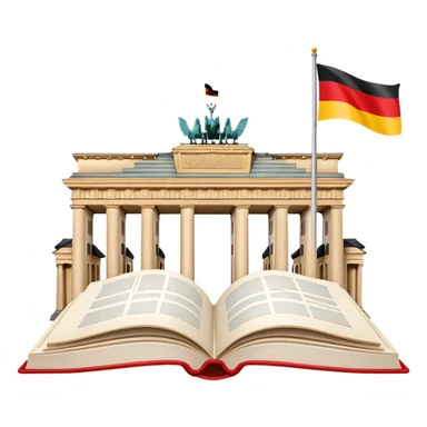 An icon featuring the Brandenburg Gate and the big flag of Germany, symbolizing the German language. The design includes an open book with German text representing language learning and German culture. Transparent background highlights the essence of German heritage. sticker