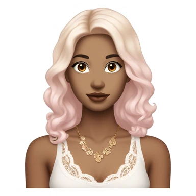 fair-skinned girl with black, slim shaped eyes and long lashes. long, dark brown hair In a wavy/blowout style. wearing a delicate white lace tank top and a dainty gold necklace, plump light pink lips. sticker