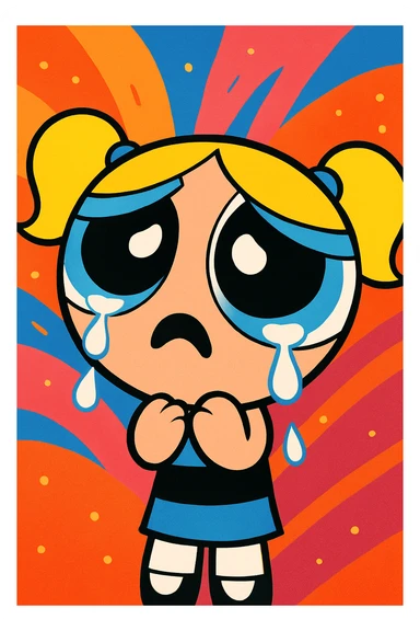 Powerpuff Girls character with a crying emotion, cartoon style, vibrant colors sticker