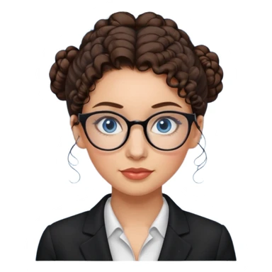 a woman, 30 years old, light skin with dark brown curly hair in a bun with some face framinig pieces. eyeglasses. Black suite on. blue eyes. sticker