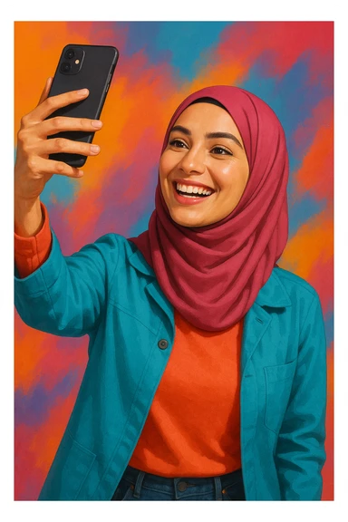 hijabi woman with phone raised, smiling, selfie pose, vibrant colors, modern style, clear facial features sticker