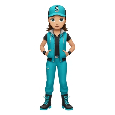 A landscaper in a beautiful turquoise jacket and turquoise boots, black pants, and a black sleeveless shirt. On his head is a black Swissotel baseball cap. The girl is a brunette with blue eyes. sticker