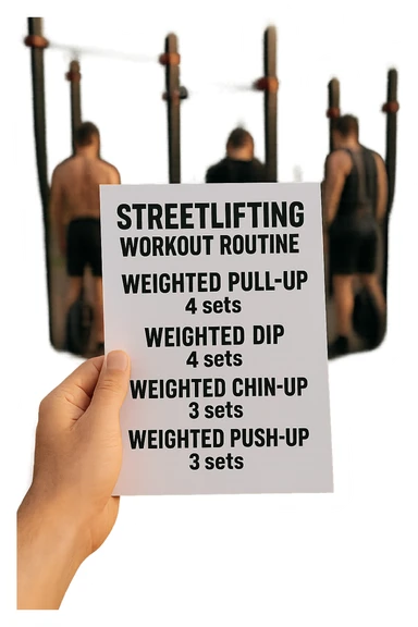 a close-up of a hand holding a printed streetlifting workout routine, with the exercises and sets written in bold text. In the background, an outdoor gym with pull-up bars, dip stations, and athletes wearing weighted belts. The lighting is natural, and the mood is motivational. sticker