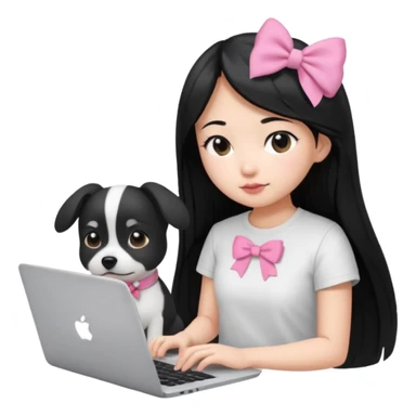 Asian girl long black hair, wearing a white t-shirt, working on an Apple laptop, next to her is a small black and white dog in pink bow sticker