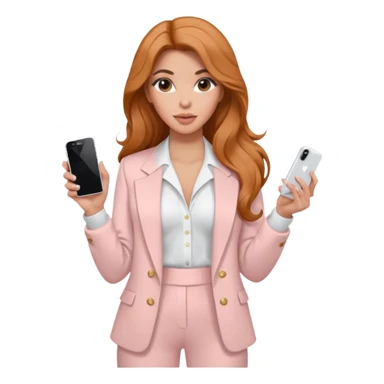 pale skin Kim Kardashian with ginger wavy long Hair, light pink  Spacious classical jacket, light pink palazzo Arrow pants and white blouse holding white IPhone 15 pro in the hands sticker
