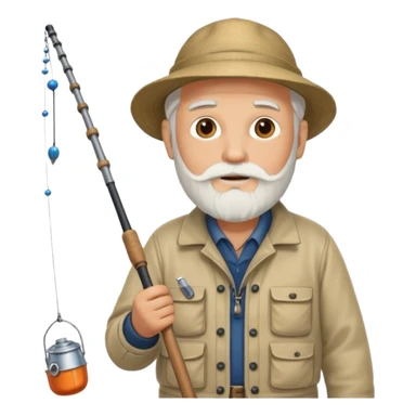 an old white haired, bearded man in fisherman attire, stood in a boat at sea, holding a fishing rod and catching fish with it. sticker