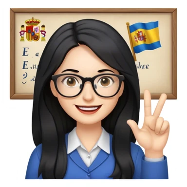 pale female teacher with long black hair, wearing glasses teaching Spanish sticker