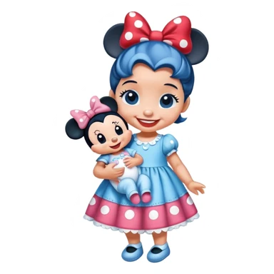 a stitch baby wearing a Minnie mouse dress holding a baby doll sticker