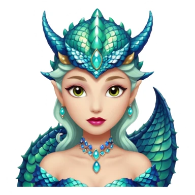 Am amazing blend of a half dragon woman with glittering jeweled scales covering her body. She has large almond shaped eyes, lush lips, and she wears a stunning luminescent gown. sticker