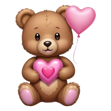Adorable Plush brown teddy bear holding an inflatable metallic pink heart-shaped balloon in his paw and love letter of the color pink sticker