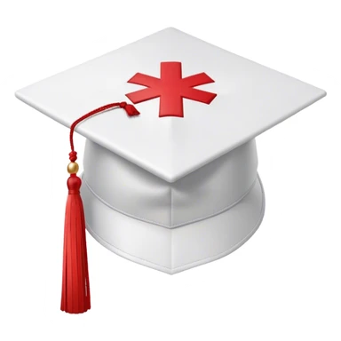  white medical graduation cap (mortarboard) with a red cross symbol in the center. The cap has a flat, square top and a slightly curved brim. A red tassel hangs from one corner, gently swaying. The design is clean and professional, symbolizing a medical graduate. The background is plain white sticker