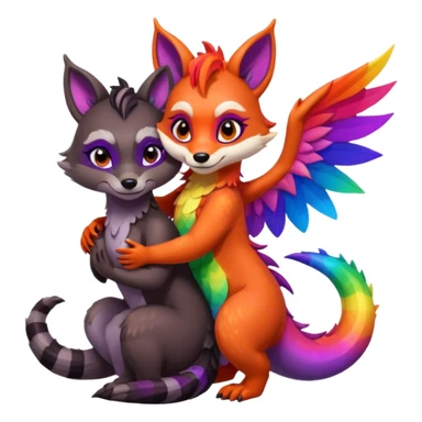 black female raccoon dragon hybrid with rainbow colored wings and purple eyes giving a big hug to a red female fox dragon hybrid with rainbow colored wings and orange eyes sticker