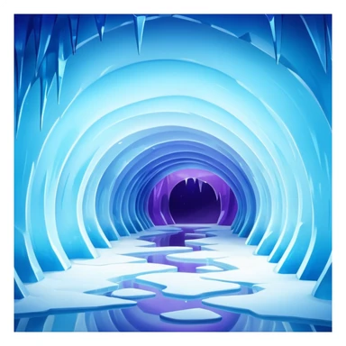 A breathtaking ice cave glowing with blue light, featuring smooth, curved walls made entirely of translucent ice. The interior reflects shimmering shades of blue and purple, with natural light filtering through the frozen surface. Realistic detail, cinematic lighting. sticker