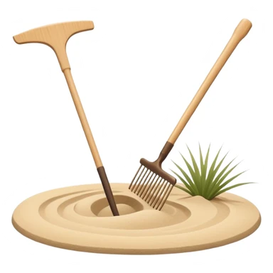 Minimalist emoji of a Japanese zen garden rake with four teeth, elegant thin lines, light wood tone, sand-beige palette, flat vector style, calm and balanced aesthetic, zen-inspired, transparent background, premium minimal design sticker