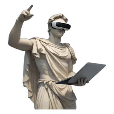 Roman sculpture with virtual reality goggles pointing his index finger to the sky and holding a laptop with his other hand sticker