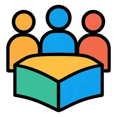 Iterate on the original design by making the table, book, and people more abstract and symbolic using geometric shapes and dynamic forms to suggest collaboration and study. Keep the logo visually engaging and less literal. No text. sticker