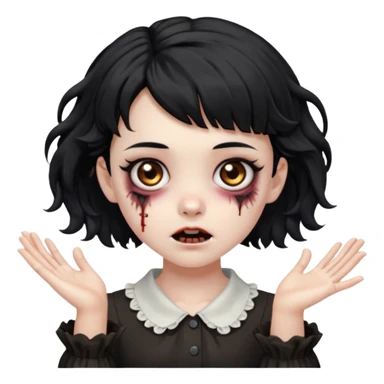 Cabelo ondulado  um pouco cheio e franja curta  Olhos marrons e pequenos e feita d ezumbi mais bonita com cabelo amarro na e com as mãos assim tipo assim🧟‍♀️ sticker