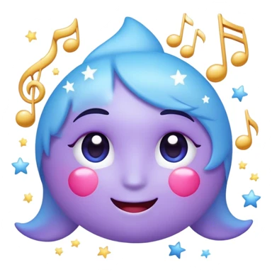 A cute and playful emoji with a smirking face, sparkling eyes, and a pastel blue-purple gradient. It has floating stars, hearts, and music notes, giving it a mysterious yet charming vibe sticker