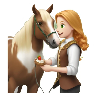 White teen girl with green eyes and medium length strawberry blonde hair wearing traditional English riding attire giving a treat to a brown and white paint horse sticker